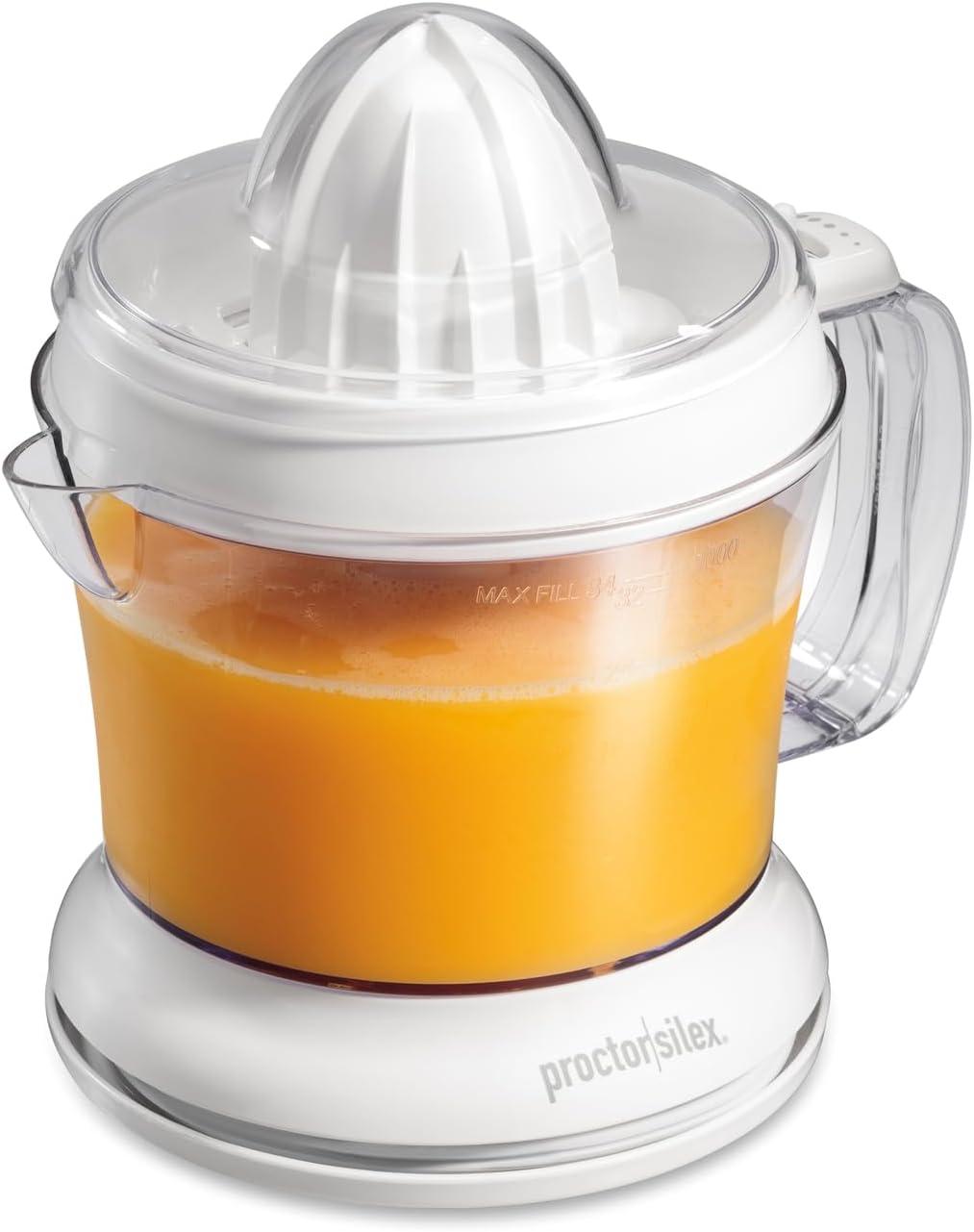 imageProctor Silex Electric Citrus Juicer Machine Large 34 oz Pitcher Pressure Activated 2 Reamers for Big and Small Fruit Pulp Control for Orange Lemon Grapefruit Juice White amp Green 66340White