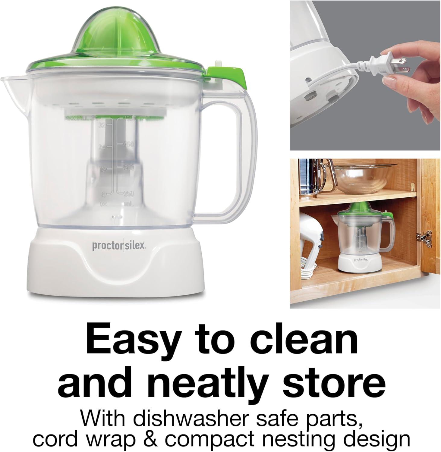imageProctor Silex Electric Citrus Juicer Machine Large 34 oz Pitcher Pressure Activated 2 Reamers for Big and Small Fruit Pulp Control for Orange Lemon Grapefruit Juice White amp Green 66340White Green