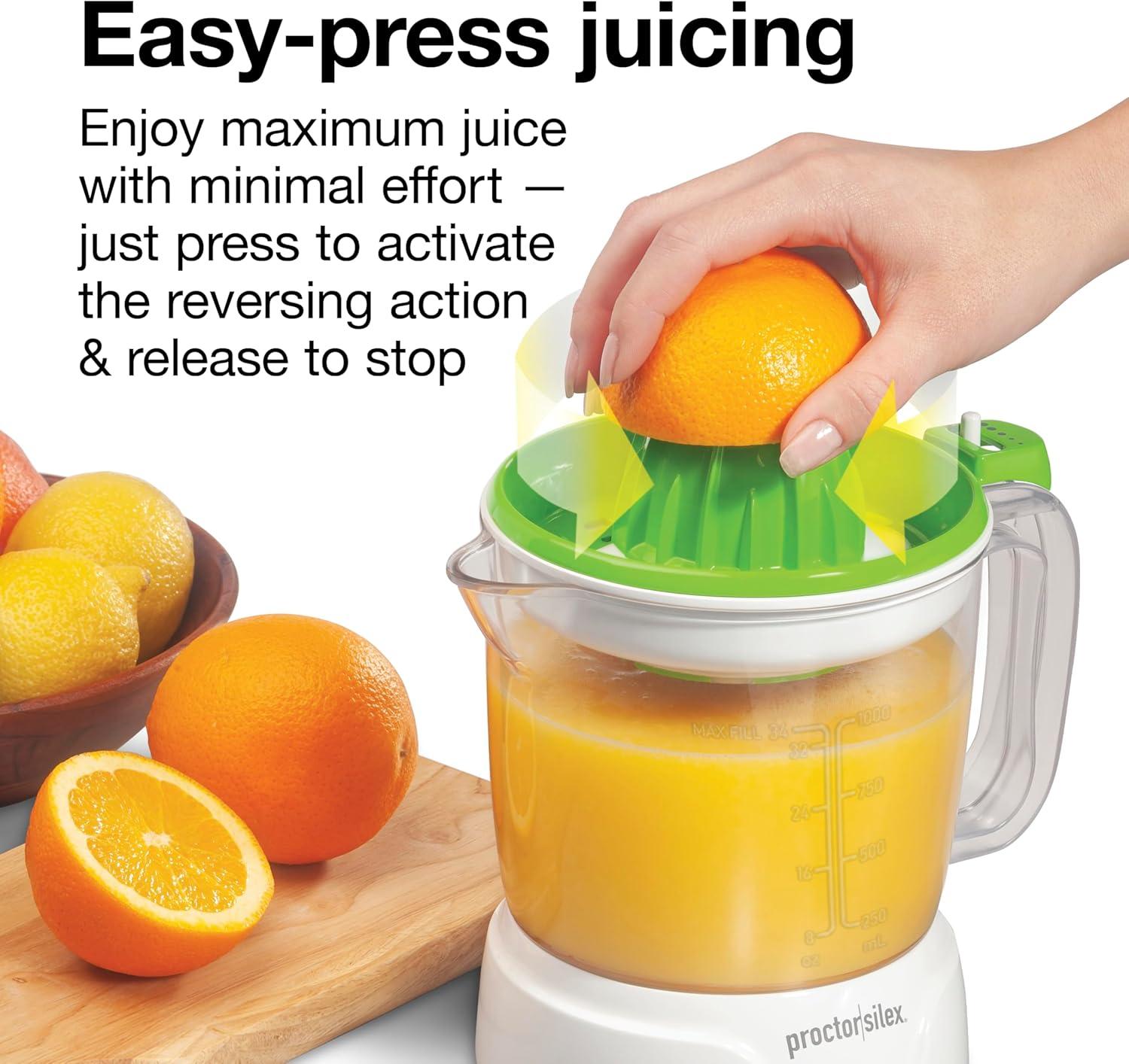 imageProctor Silex Electric Citrus Juicer Machine Large 34 oz Pitcher Pressure Activated 2 Reamers for Big and Small Fruit Pulp Control for Orange Lemon Grapefruit Juice White amp Green 66340White Green