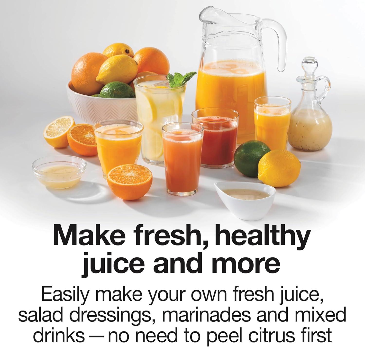 imageProctor Silex Electric Citrus Juicer Machine Large 34 oz Pitcher Pressure Activated 2 Reamers for Big and Small Fruit Pulp Control for Orange Lemon Grapefruit Juice White amp Green 66340White Green
