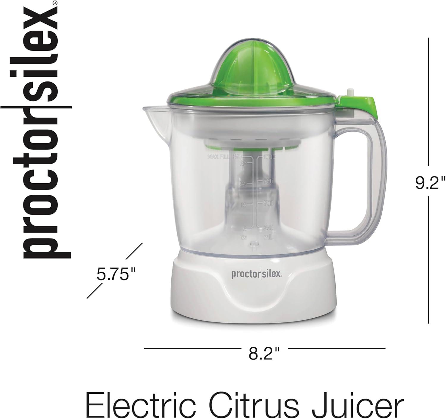 imageProctor Silex Electric Citrus Juicer Machine Large 34 oz Pitcher Pressure Activated 2 Reamers for Big and Small Fruit Pulp Control for Orange Lemon Grapefruit Juice White amp Green 66340White Green