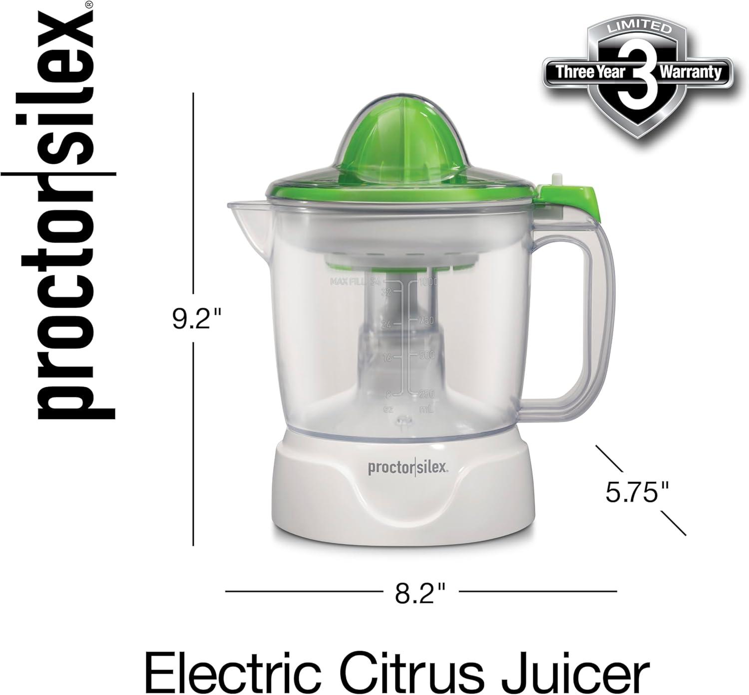 imageProctor Silex Electric Citrus Juicer Machine Large 34 oz Pitcher Pressure Activated 2 Reamers for Big and Small Fruit Pulp Control for Orange Lemon Grapefruit Juice White amp Green 66340White Green