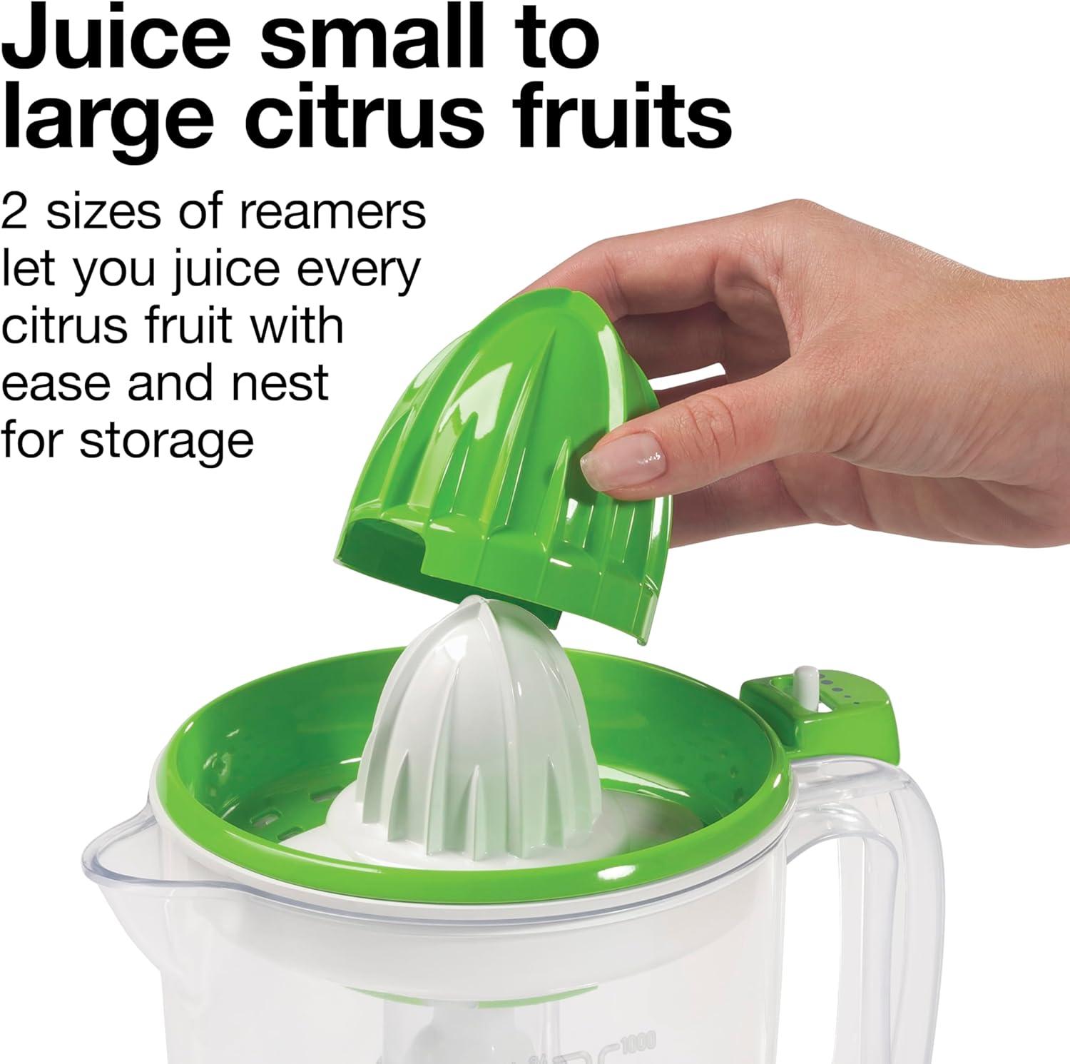 imageProctor Silex Electric Citrus Juicer Machine Large 34 oz Pitcher Pressure Activated 2 Reamers for Big and Small Fruit Pulp Control for Orange Lemon Grapefruit Juice White amp Green 66340White Green