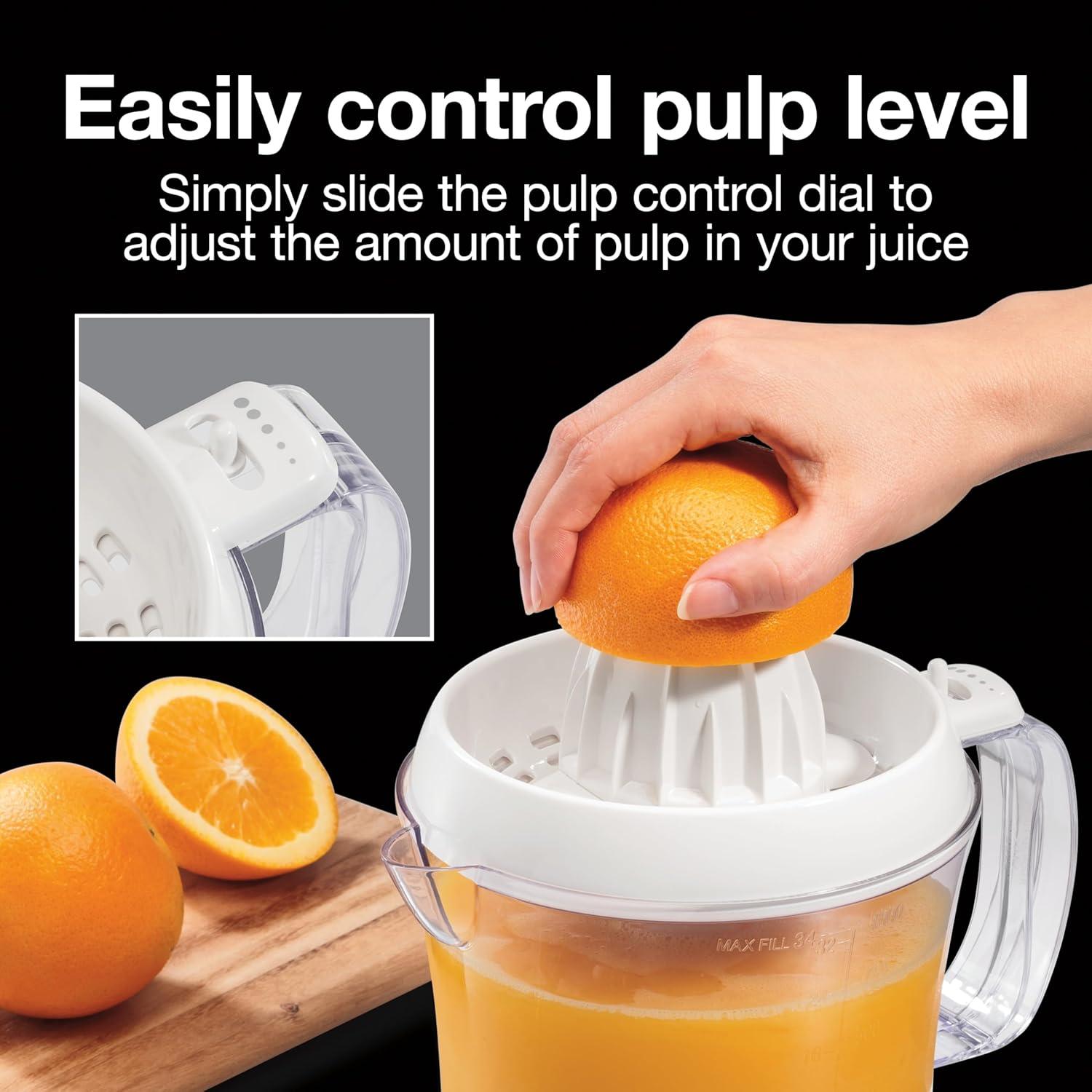 imageProctor Silex Electric Citrus Juicer Machine Large 34 oz Pitcher Pressure Activated 2 Reamers for Big and Small Fruit Pulp Control for Orange Lemon Grapefruit Juice White amp Green 66340White