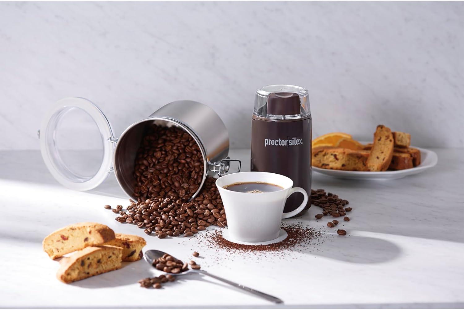 imageProctor Silex Electric Coffee Grinder for Beans Spices and More Stainless Steel Blades 12 Cups BrownBrown