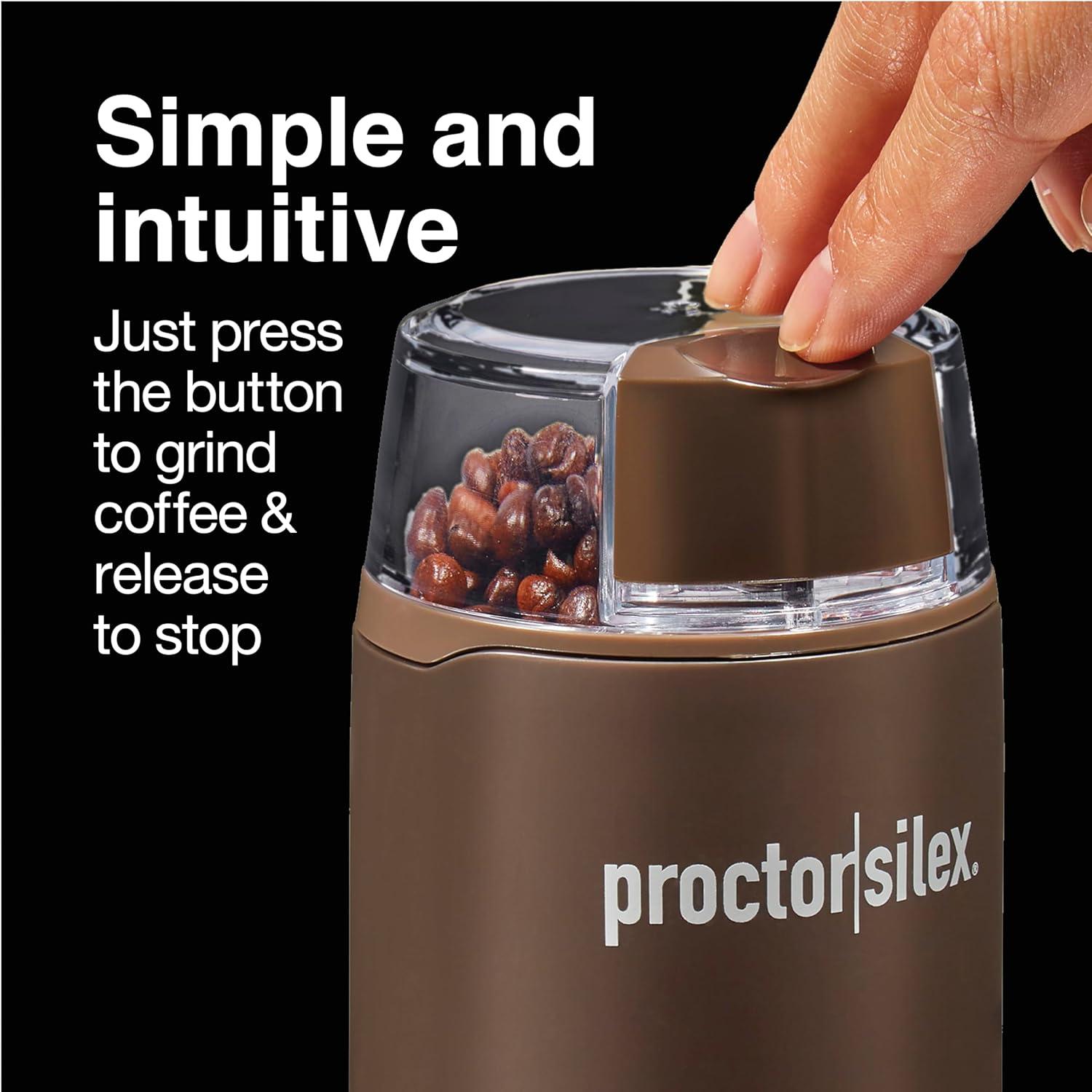 imageProctor Silex Electric Coffee Grinder for Beans Spices and More Stainless Steel Blades 12 Cups BrownBrown