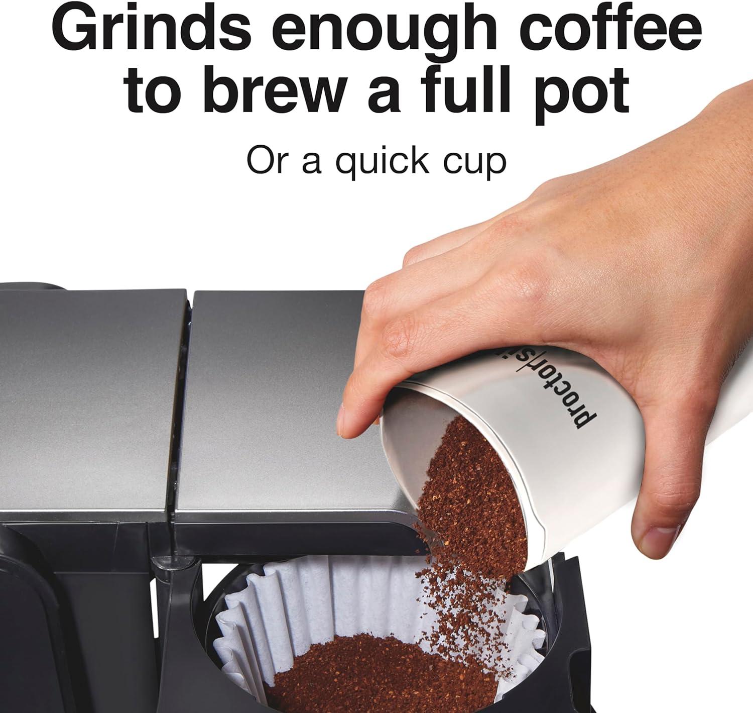 imageProctor Silex Electric Coffee Grinder for Beans Spices and More Stainless Steel Blades 12 Cups BrownWhite