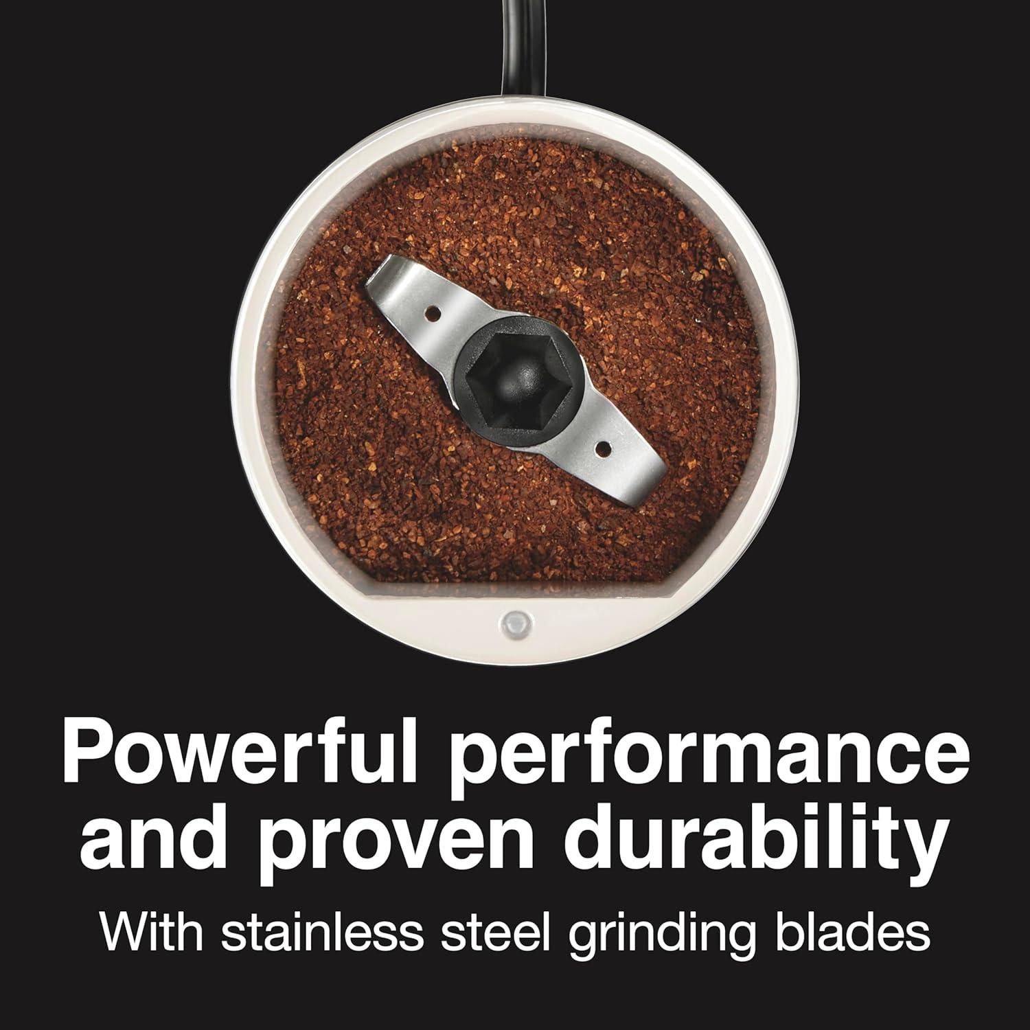 imageProctor Silex Electric Coffee Grinder for Beans Spices and More Stainless Steel Blades 12 Cups BrownWhite