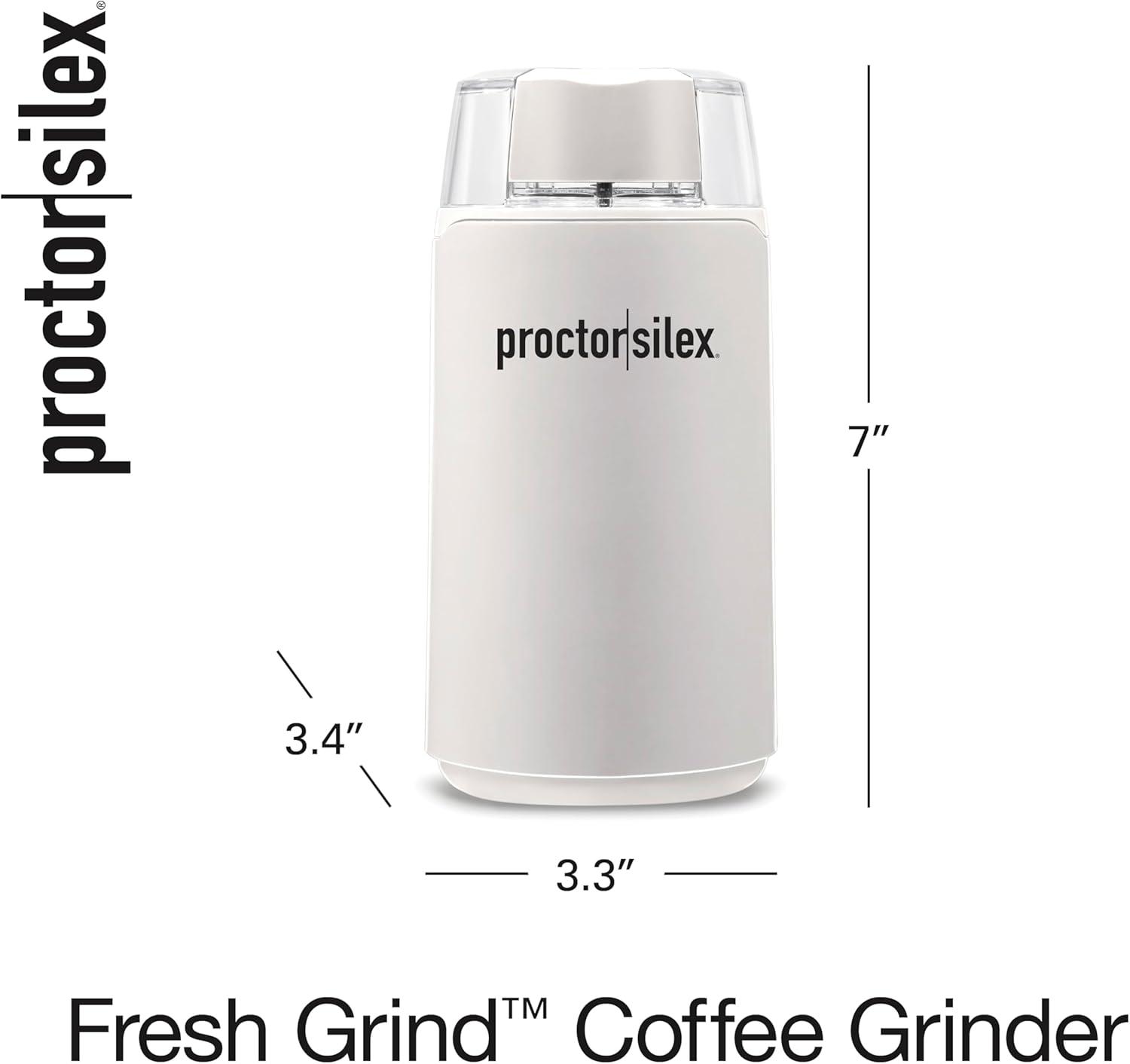 imageProctor Silex Electric Coffee Grinder for Beans Spices and More Stainless Steel Blades 12 Cups BrownWhite