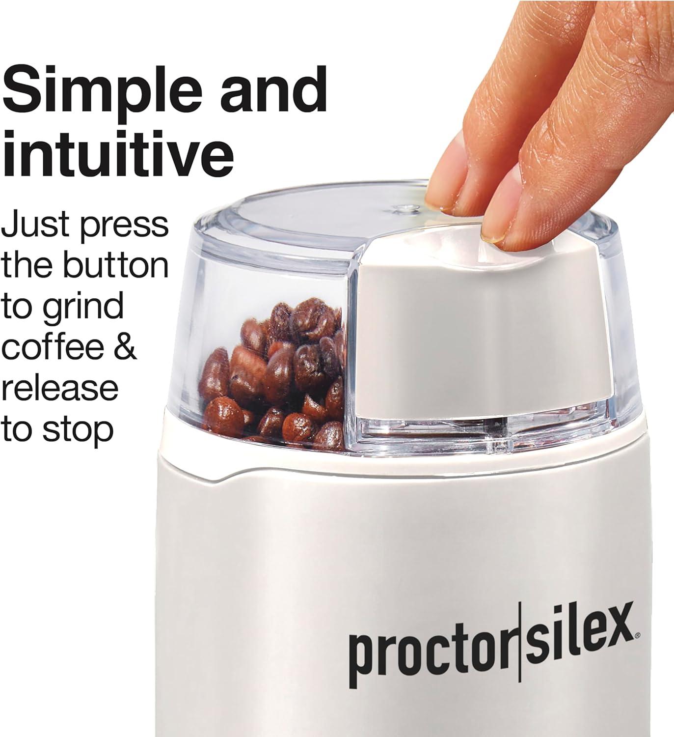 imageProctor Silex Electric Coffee Grinder for Beans Spices and More Stainless Steel Blades 12 Cups BrownWhite