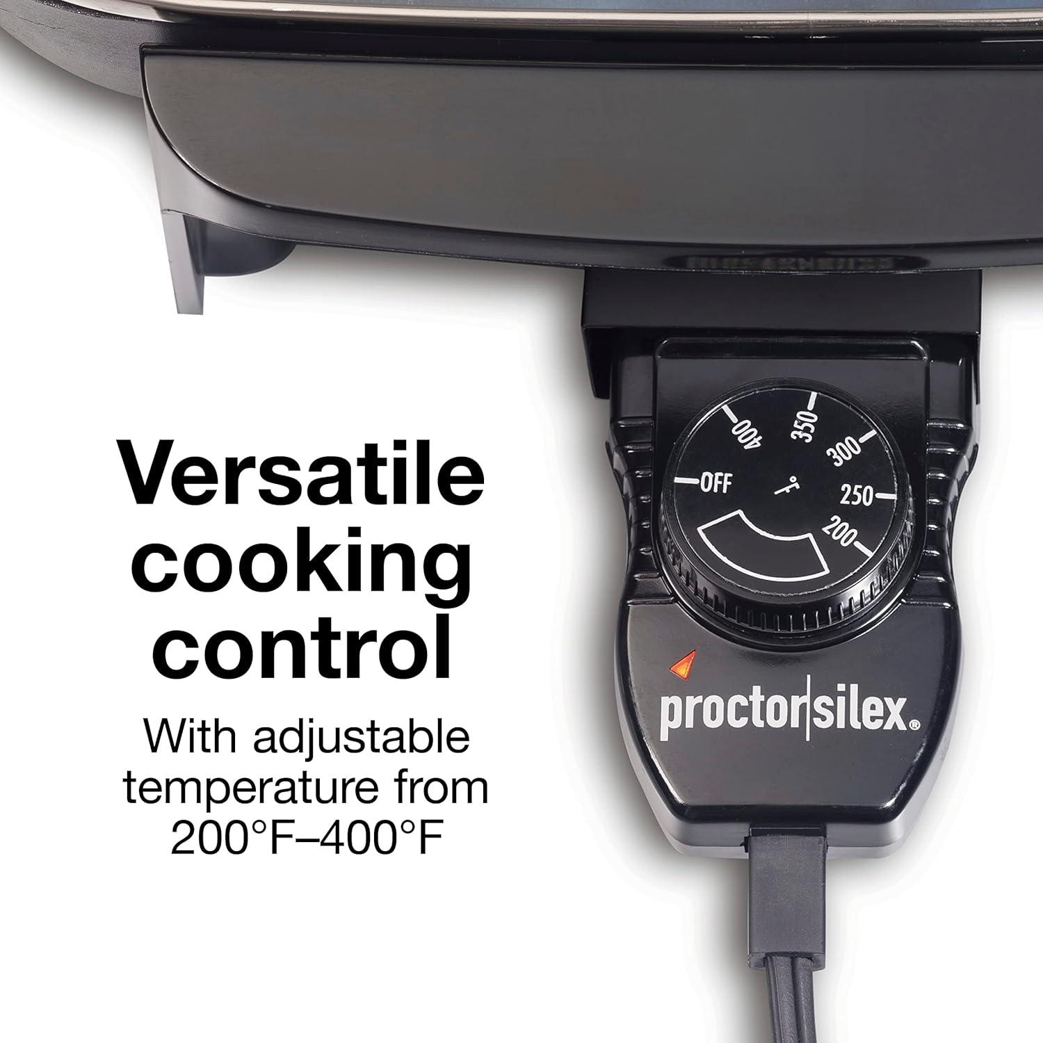 imageProctor Silex Electric Skillet with Lid 116 sq in Nonstick Cooking Surface for Frying Sauteing Simmering and Braising Adjustable Temp 200 to 400 F Black 38526PS