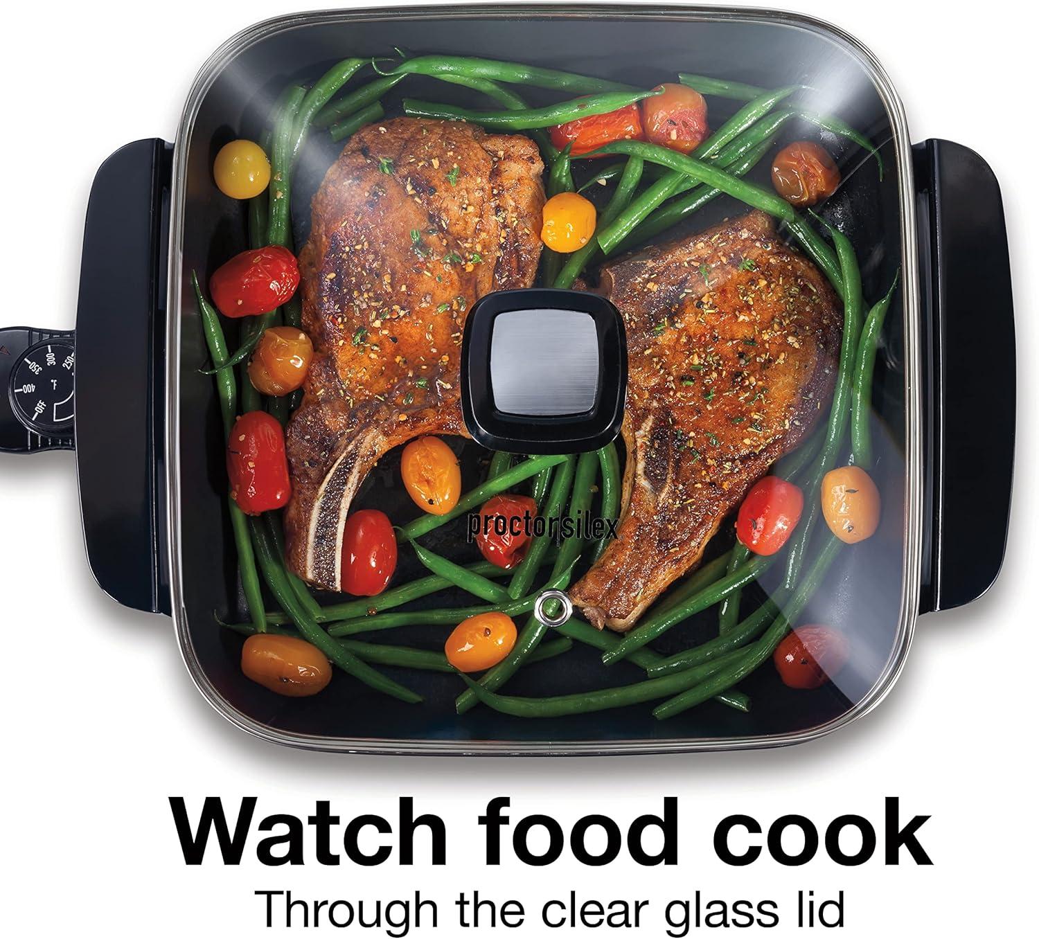 imageProctor Silex Electric Skillet with Lid 116 sq in Nonstick Cooking Surface for Frying Sauteing Simmering and Braising Adjustable Temp 200 to 400 F Black 38526PS