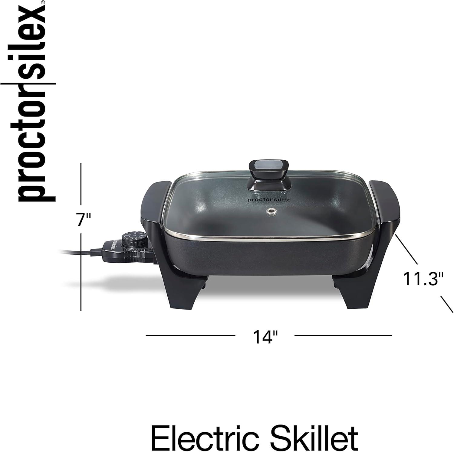 imageProctor Silex Electric Skillet with Lid 116 sq in Nonstick Cooking Surface for Frying Sauteing Simmering and Braising Adjustable Temp 200 to 400 F Black 38526PS