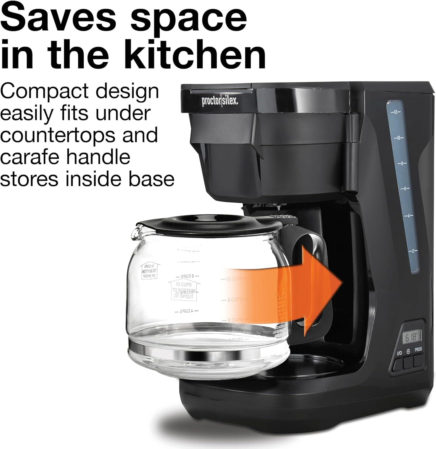 imageProctor Silex FrontFill Drip Coffee Maker Digital amp Programmable 12 Cup Glass Carafe Black and Silver 43685PSCompact