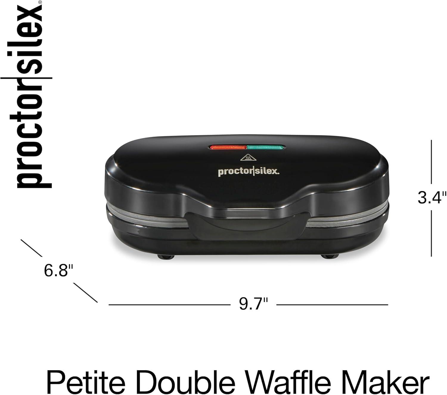 imageProctor Silex Mini Waffle Maker Machine with 4 Round Nonstick Grids Make Personalized Individual Breakfast Keto Chaffles and Hashbrowns Compact Black 26100Double Compartments