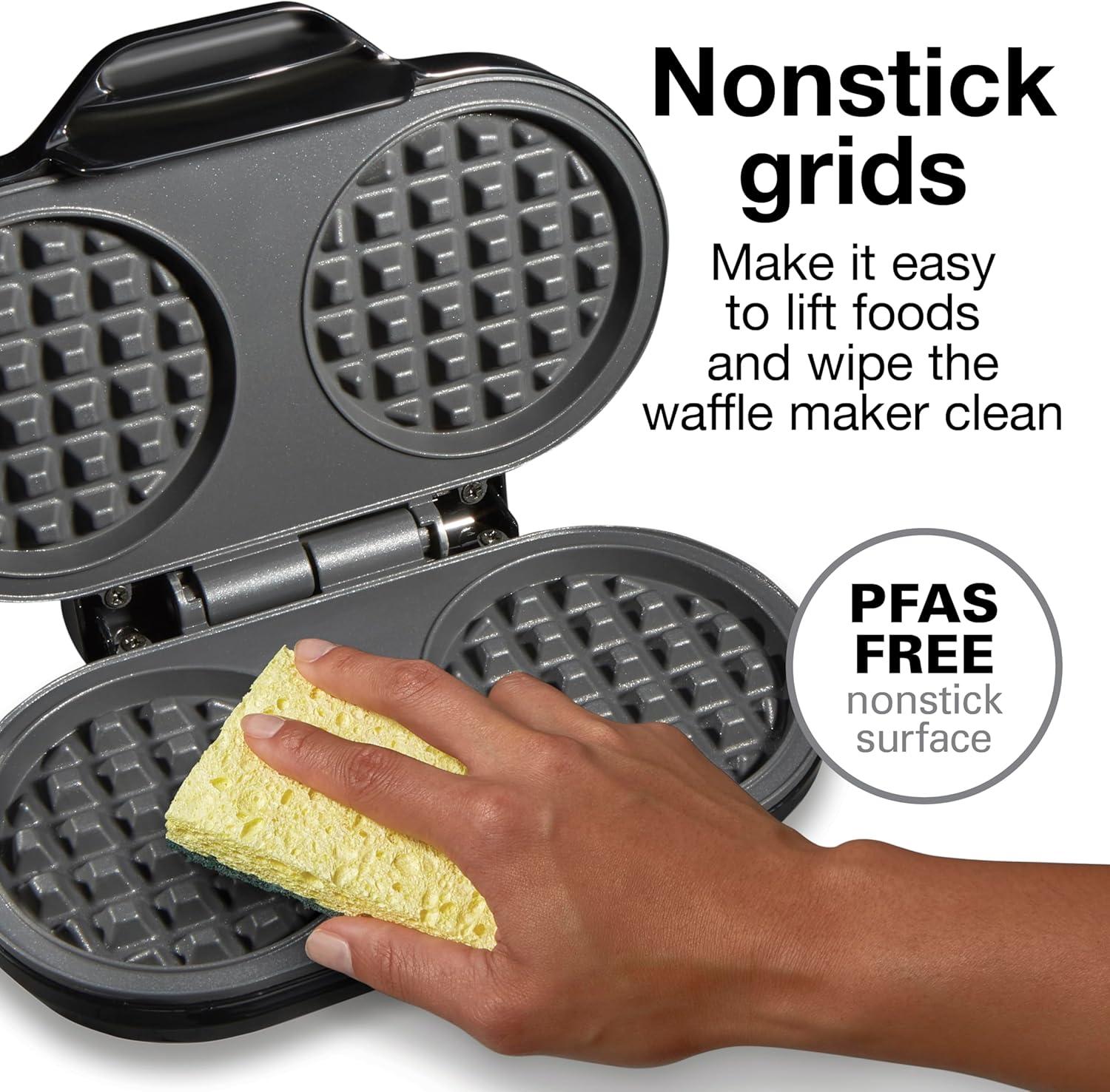 imageProctor Silex Mini Waffle Maker Machine with 4 Round Nonstick Grids Make Personalized Individual Breakfast Keto Chaffles and Hashbrowns Compact Black 26100Double Compartments