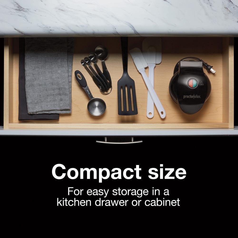 imageProctor Silex Mini Waffle Maker Machine with 4 Round Nonstick Grids Make Personalized Individual Breakfast Keto Chaffles and Hashbrowns Compact Black 26100Single Compartment