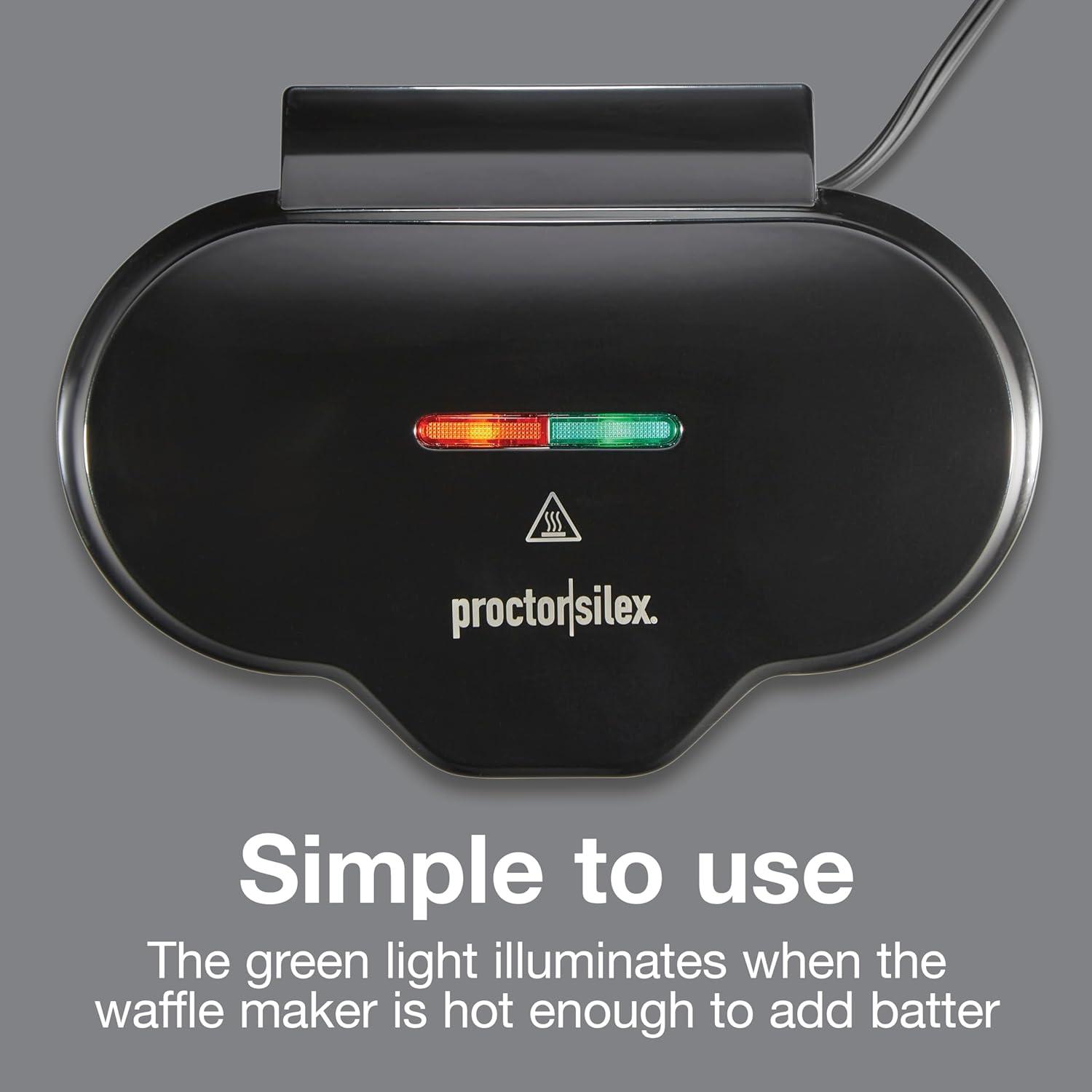 imageProctor Silex Mini Waffle Maker Machine with 4 Round Nonstick Grids Make Personalized Individual Breakfast Keto Chaffles and Hashbrowns Compact Black 26100Double Compartments