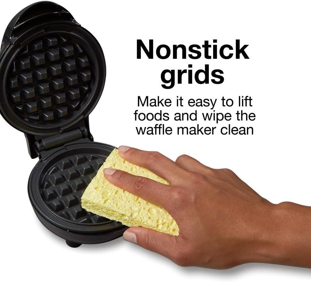 imageProctor Silex Mini Waffle Maker Machine with 4 Round Nonstick Grids Make Personalized Individual Breakfast Keto Chaffles and Hashbrowns Compact Black 26100Single Compartment