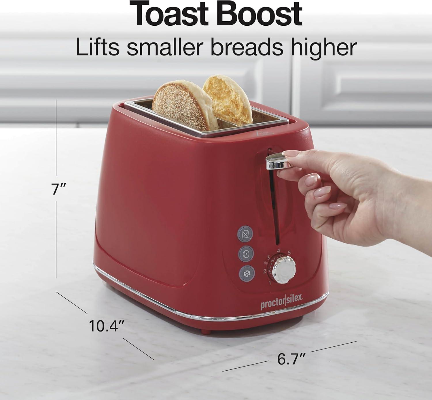 imageProctor Silex Plastic 2 Slice Toaster Bagel Defrost amp Cancel Buttons Browning Control With 7 Shades Auto Shutoff SlideOut Crumb Tray Red 22661Red