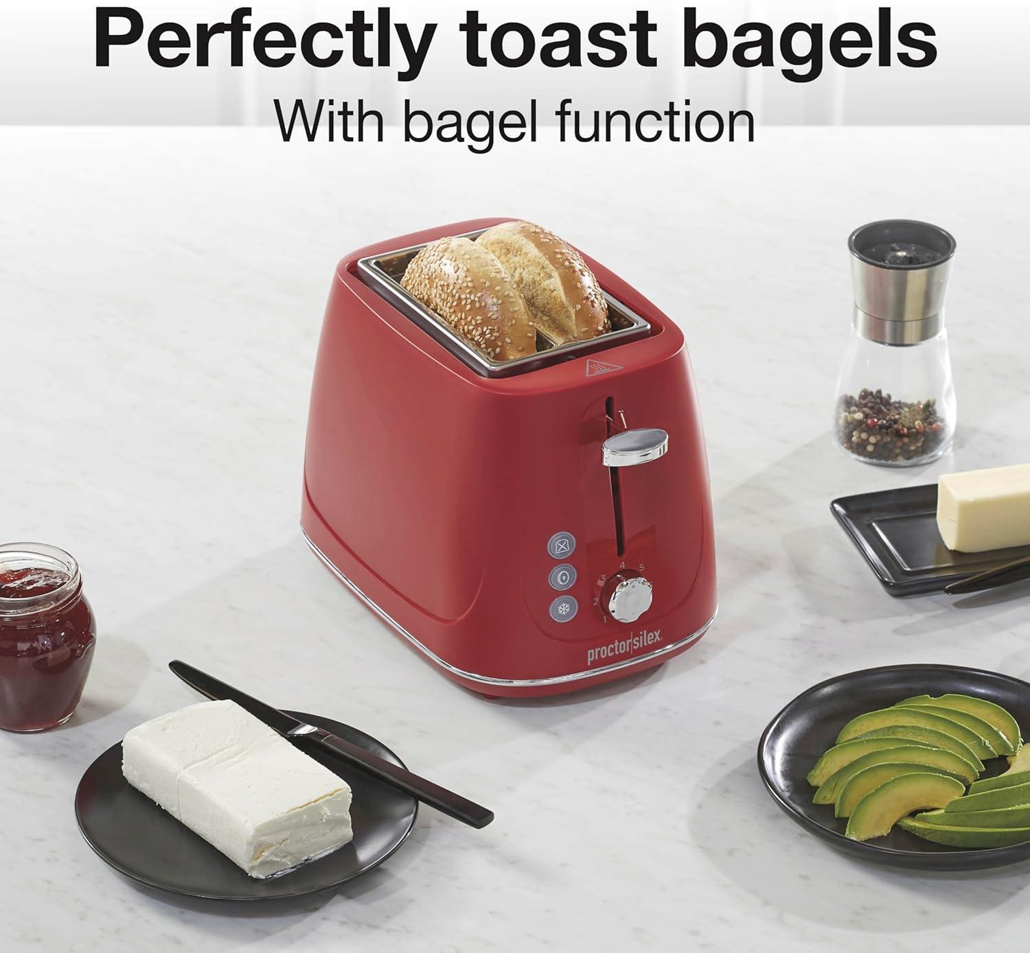 imageProctor Silex Plastic 2 Slice Toaster Bagel Defrost amp Cancel Buttons Browning Control With 7 Shades Auto Shutoff SlideOut Crumb Tray Red 22661Red