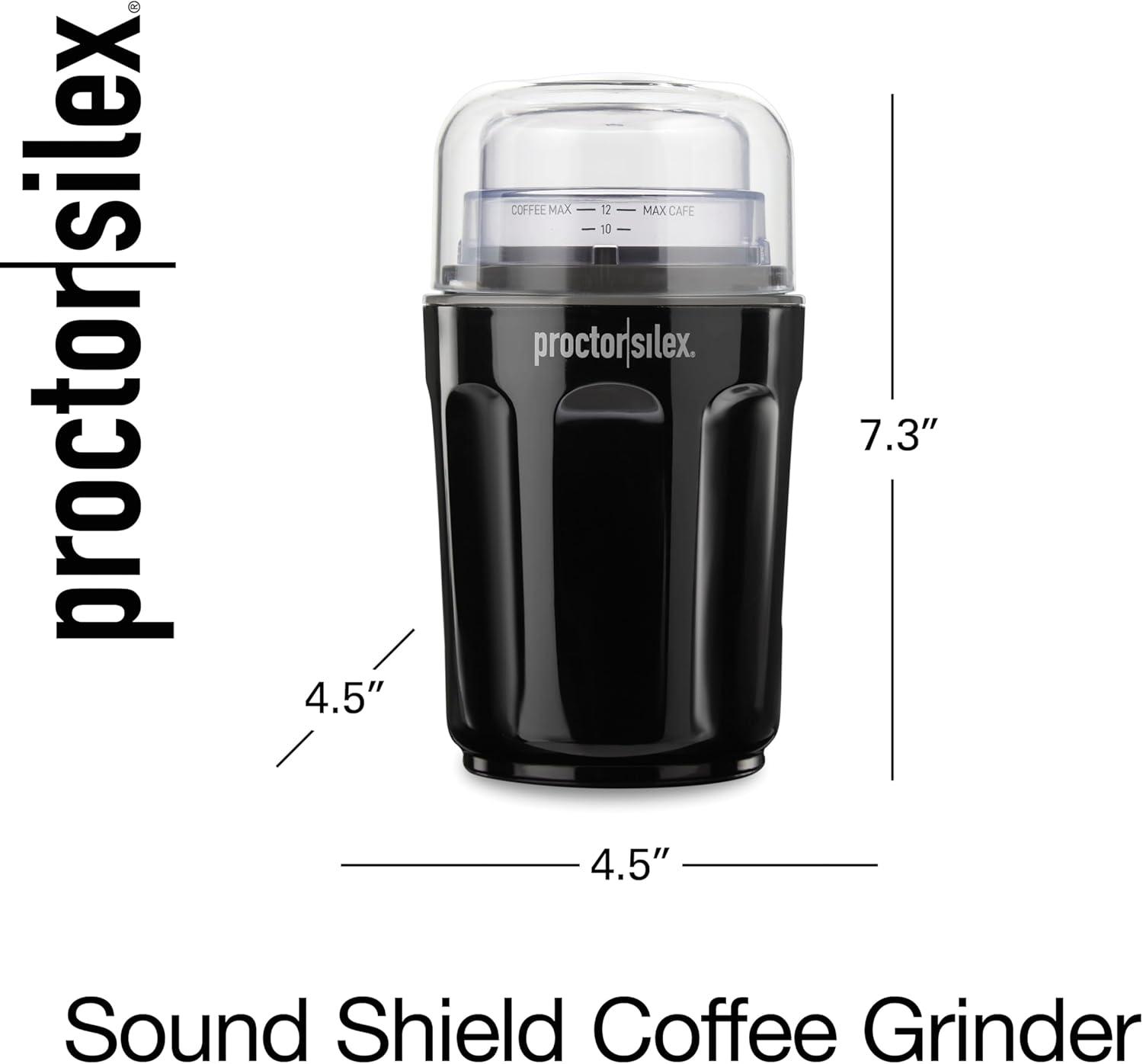 imageProctor Silex Sound Shield Electric Coffee Grinder for Quiet Grinding Stainless Steel Blades Beans Spices and More 12 Cups Black 8040212 Cups