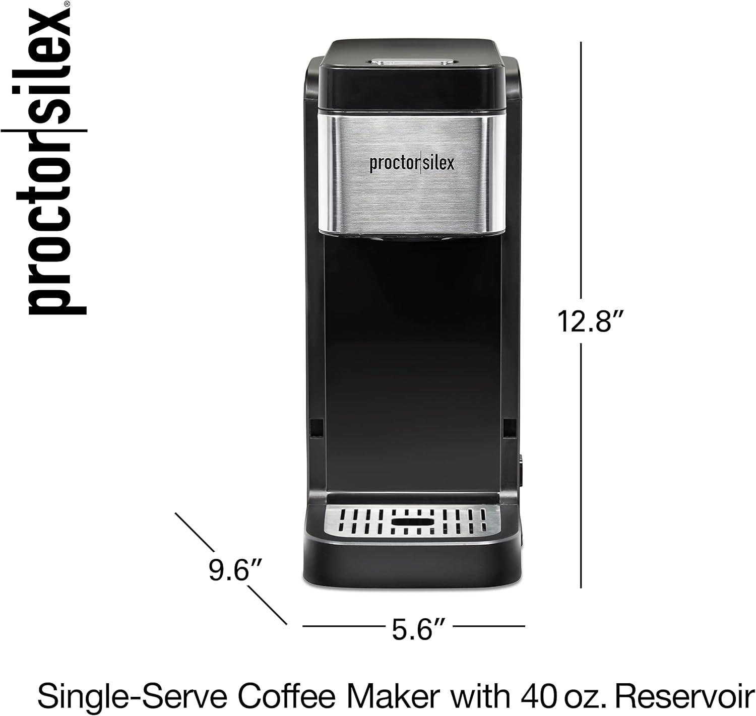imageProctorSilex SingleServe Coffee Maker Compatible with Pod Packs and Grounds 40 oz Reservoir Makes Four 10 oz Cups Without Refilling Black amp Stainless Steel 49919