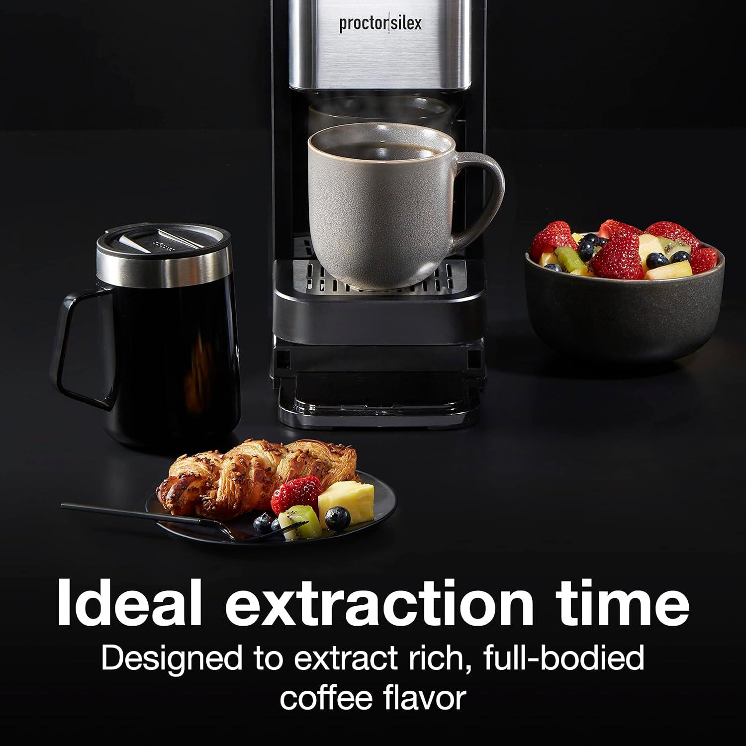 imageProctorSilex SingleServe Coffee Maker Compatible with Pod Packs and Grounds 40 oz Reservoir Makes Four 10 oz Cups Without Refilling Black amp Stainless Steel 49919