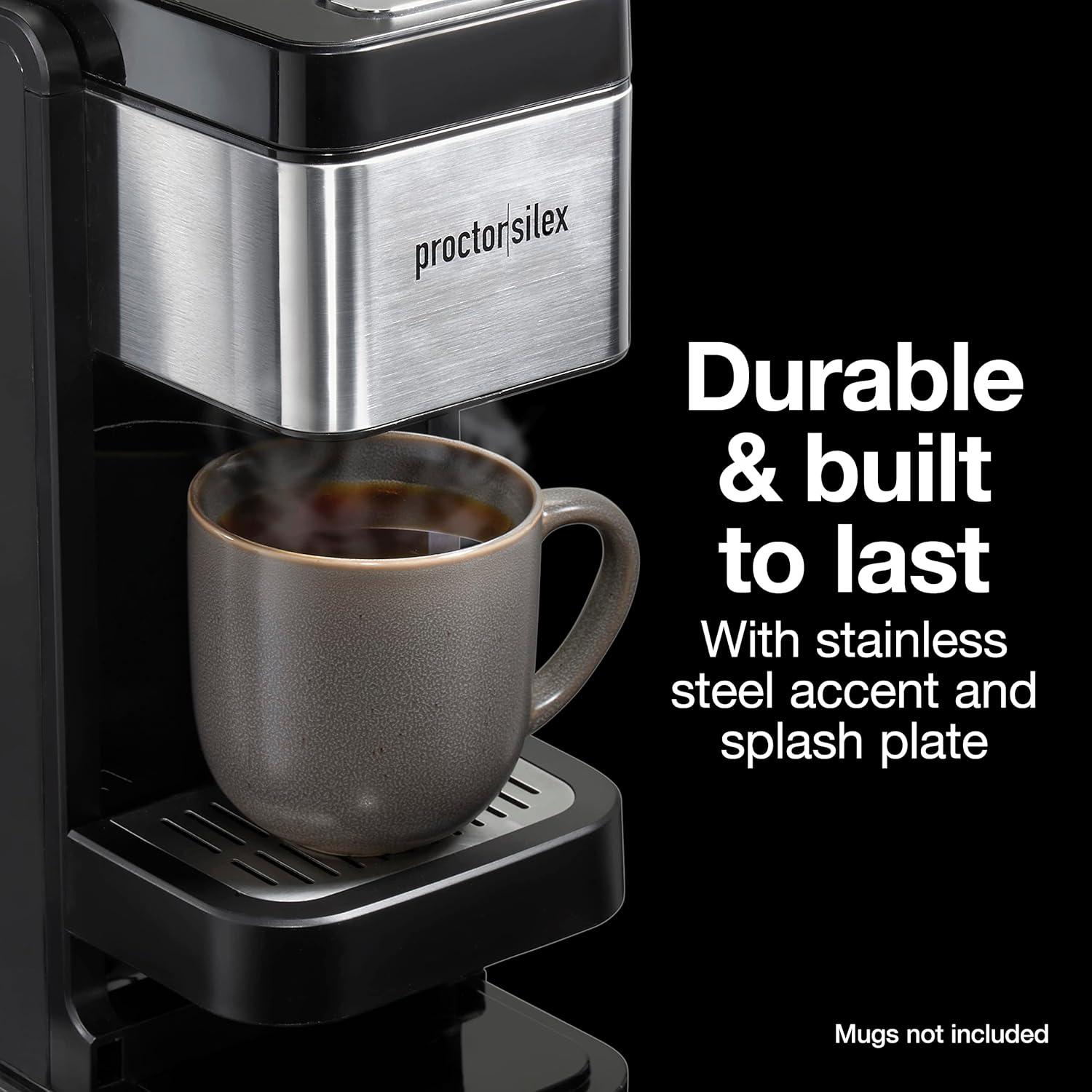 imageProctorSilex SingleServe Coffee Maker Compatible with Pod Packs and Grounds 40 oz Reservoir Makes Four 10 oz Cups Without Refilling Black amp Stainless Steel 49919