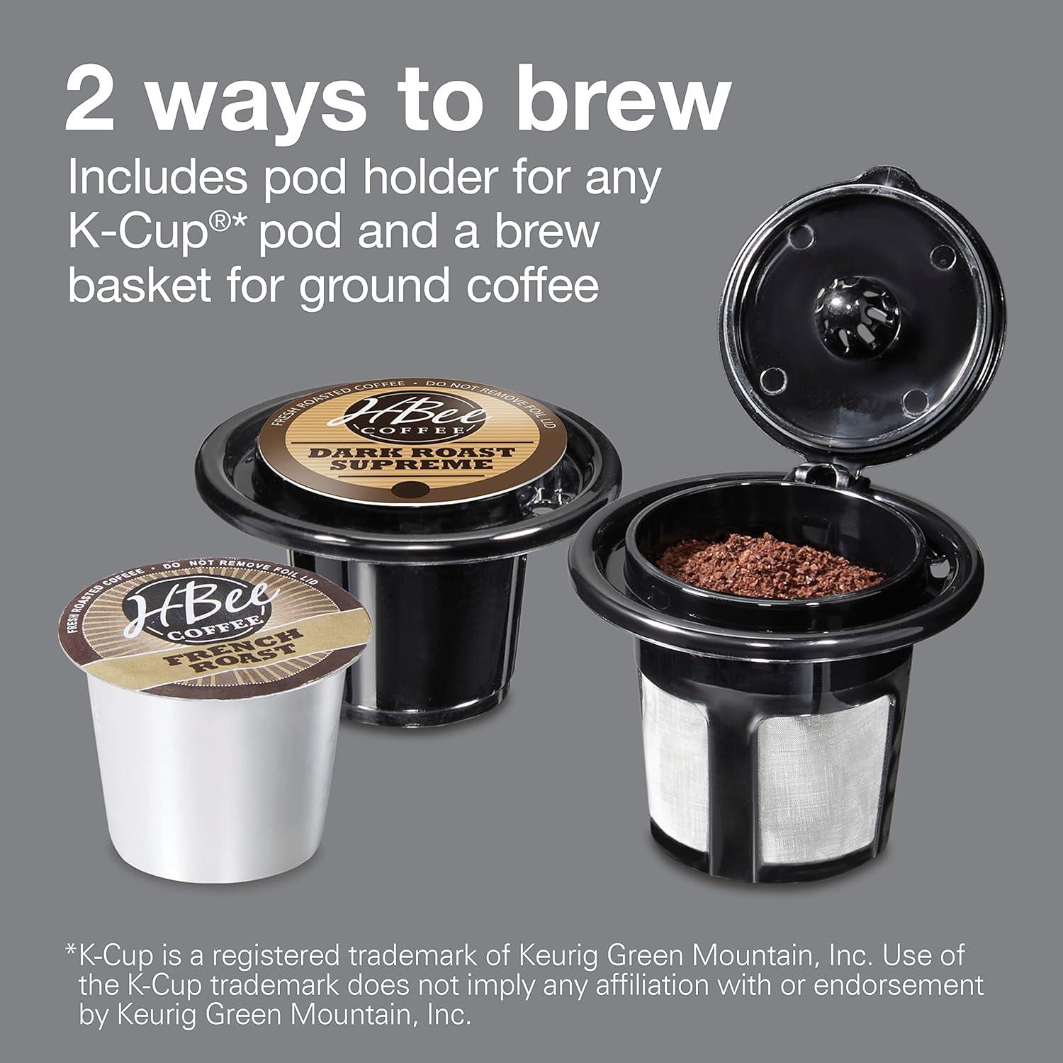 imageProctorSilex SingleServe Coffee Maker Compatible with Pod Packs and Grounds 40 oz Reservoir Makes Four 10 oz Cups Without Refilling Black amp Stainless Steel 49919