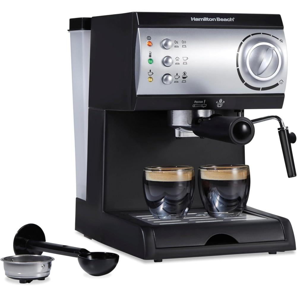 imageHamilton Beach 15 Bar Espresso Machine Cappuccino Mocha amp Latte Maker with Milk Frother Make 2 Cups Simultaneously Works with Pods or Ground Coffee 50 oz Water Reservoir Black