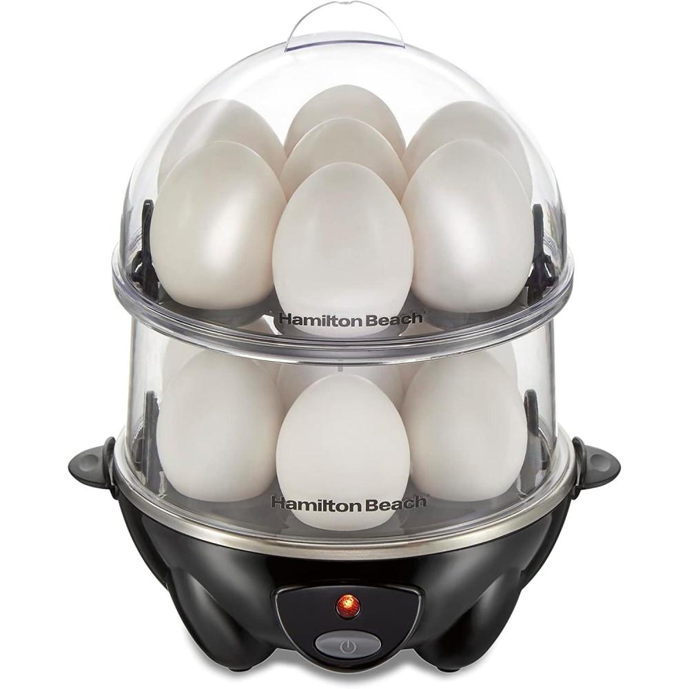 imageHamilton Beach 3in1 Electric Egg Cooker for Hard Boiled Eggs Poacher Omelet Maker amp Vegetable Steamer Holds 14 Black 255083in1