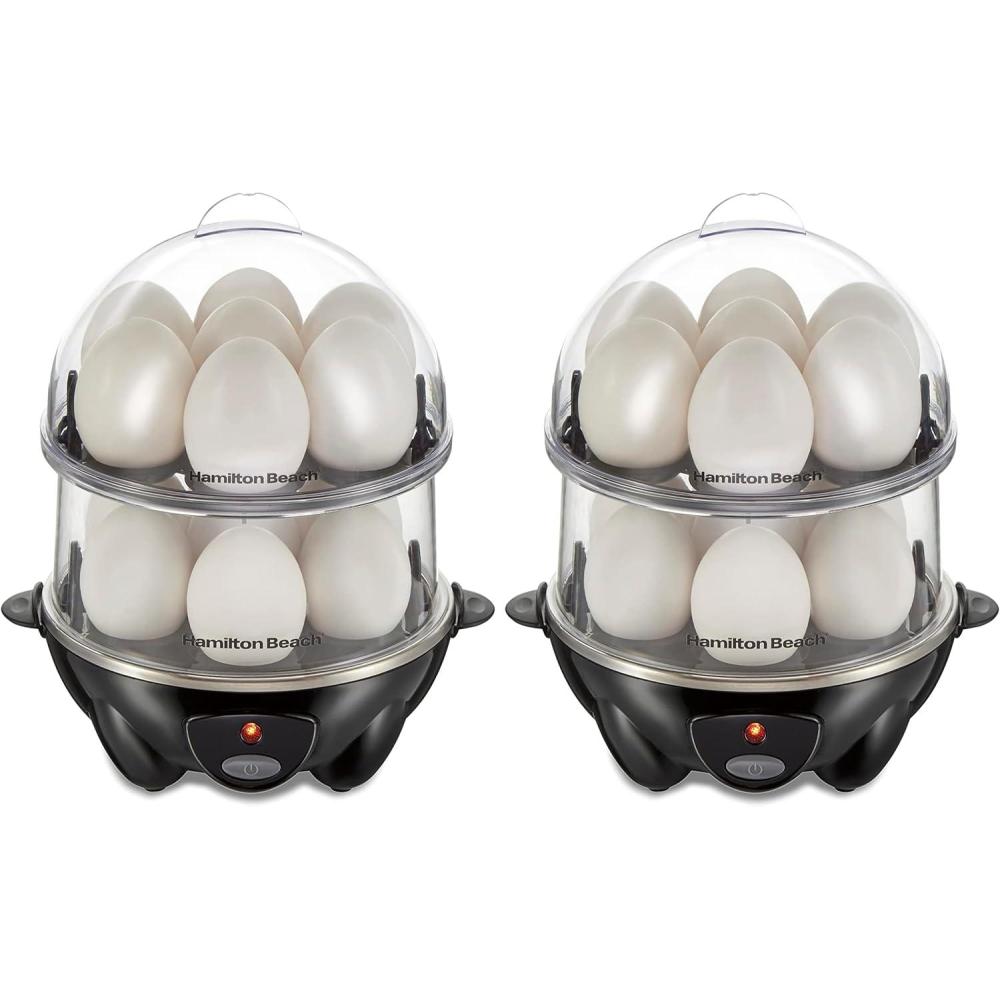 imageHamilton Beach 3in1 Electric Egg Cooker for Hard Boiled Eggs Poacher Omelet Maker amp Vegetable Steamer Holds 14 Black 255083in1 Pack of 2