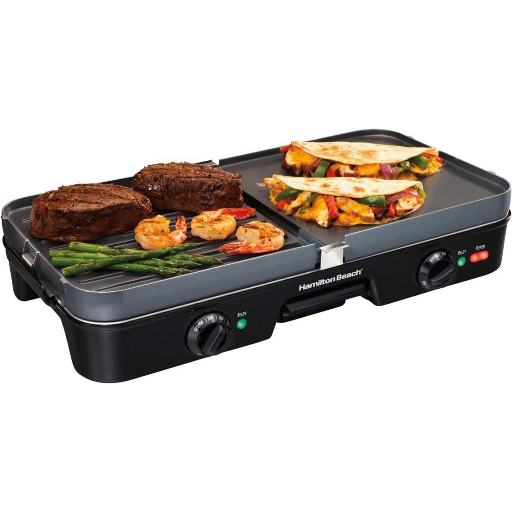 imageHamilton Beach 3in1 Electric Indoor Grill Griddle 8Serving Reversible Nonstick Plates 2 Cooking Zones with Adjustable Temperature 38546 Black