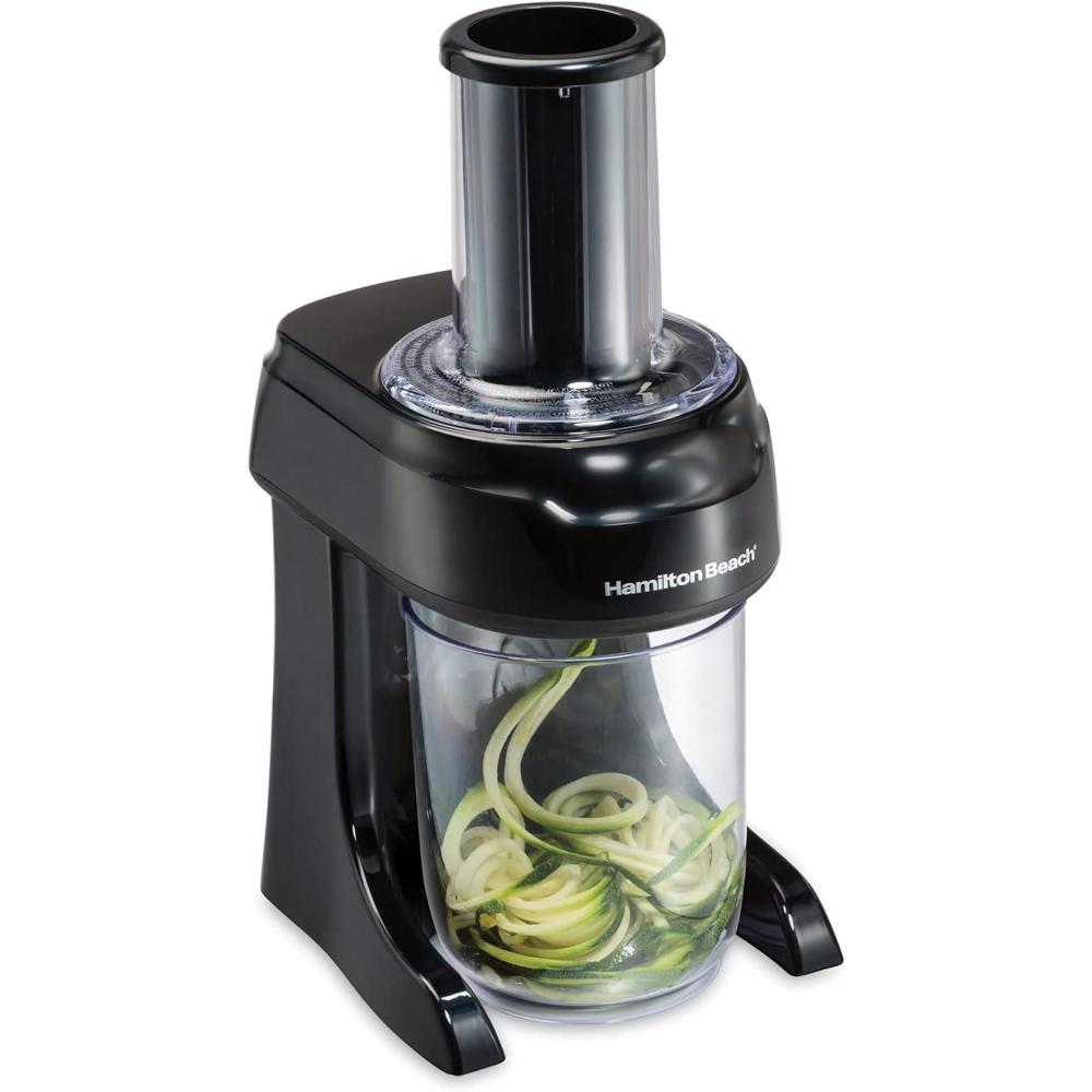 imageHamilton Beach 3in1 Electric Vegetable Spiralizer for Veggie Noodles Zoodle Maker amp Slicer With 3 Cutting Cones for Spaghetti Linguine and Ribbons 6Cups Black 709306cups