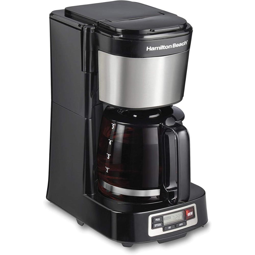 imageHamilton Beach 5 Cup Drip Coffee Maker with Easy FrontFill Basket Compact Design Programmable Clock Glass Carafe Auto Pause and Pour Black amp Stainless Steel 461115 Cup Programmable Clock