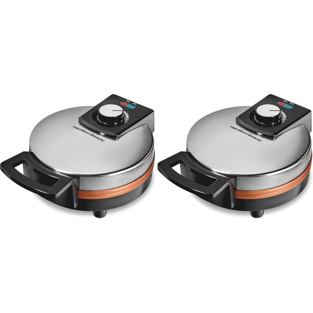 imageHamilton Beach Belgian Waffle Maker with PFASFree NonStick CeramicCoated Plates Browning Control Indicator Lights Stainless Steel 26081Indicator Lights Pack of 2