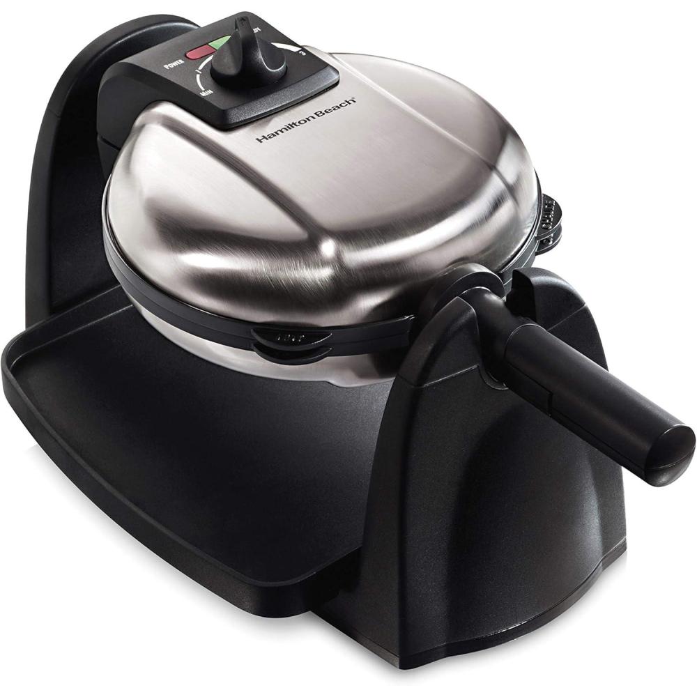 imageHamilton Beach Belgian Waffle Maker with Removable PFASFree Durathon Nonstick Coated Plates Easy Flip Ceramic Grids Black 26031Stainless Steel