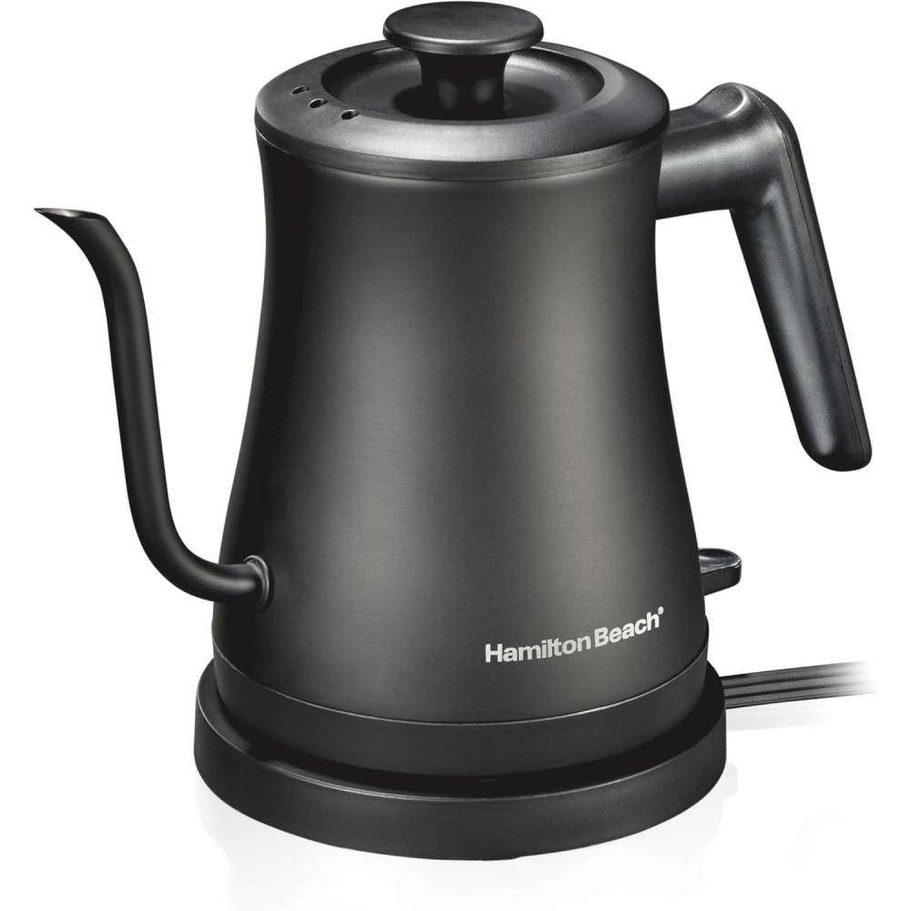 imageHamilton Beach Compact 20 oz 06 Liter Gooseneck Electric Kettle for Boiling Water Pour Over Coffee Tea Ultra Fast Heating With 1200 Watts Stainless Steel BPAFree Interior Black 4104506 Quarts