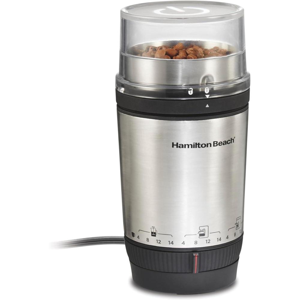 imageHamilton Beach Custom Grind Electric Coffee Grinder for 414 Cups OnePress HandFree Operation with Auto Shutoff Removable Grinding Bowl For Easy Pour and Clean Stainless Steel 80406