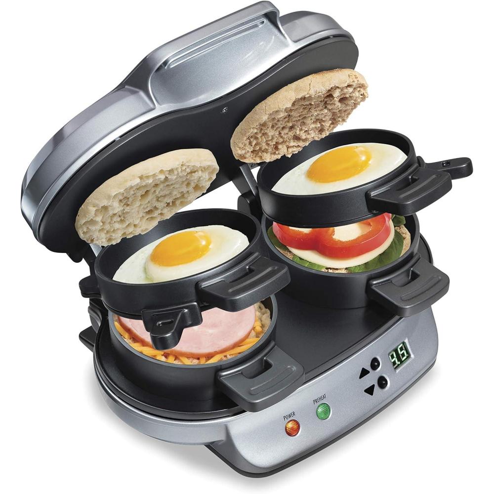 imageHamilton Beach Dual Breakfast Sandwich Maker with Timer Ready in 5 Minutes Removable Dishwasher Safe PFASFree NonStick Egg Cooker Ring Silver 25490MNA