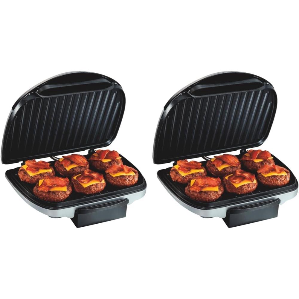 imageHamilton Beach Electric Indoor Grill 6Serving Large 90 sq in Nonstick Easy Clean Plates Floating Hinge for Thicker Foods 1200 Watts 638D x 1268W x 1378H Silver 253716Serving Pack of 2