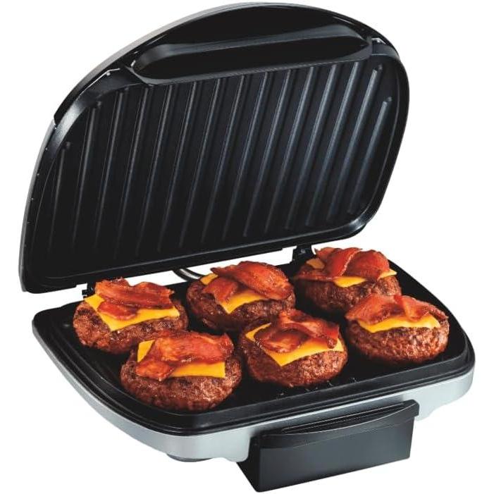 imageHamilton Beach Electric Indoor Grill 6Serving Large 90 sq in Nonstick Easy Clean Plates Floating Hinge for Thicker Foods 1200 Watts 638D x 1268W x 1378H Silver 253716Serving