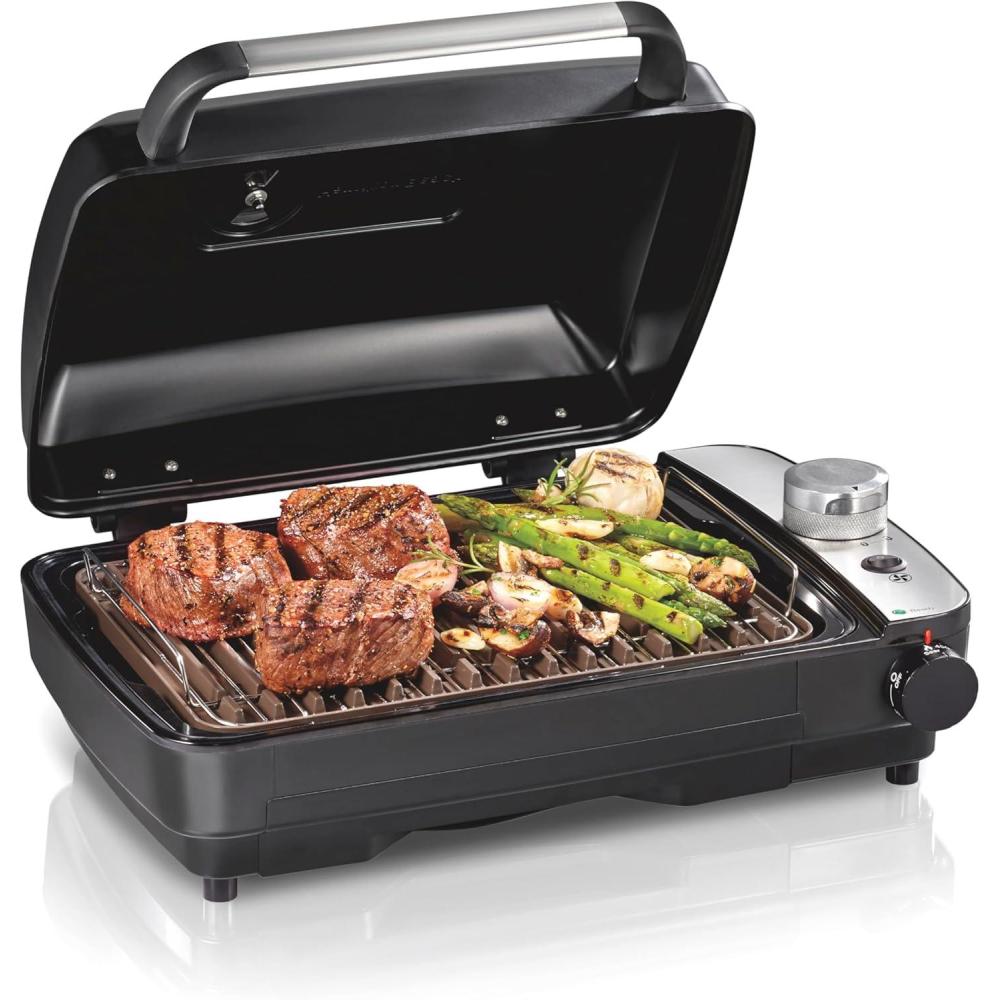 imageHamilton Beach Electric Indoor Grill with Hot and Cold Smoke Infuser 150F 450F Temperature Control For Searing Vented Hood and Fan 116 Sq In NonStick Cooking Surface Black 25375