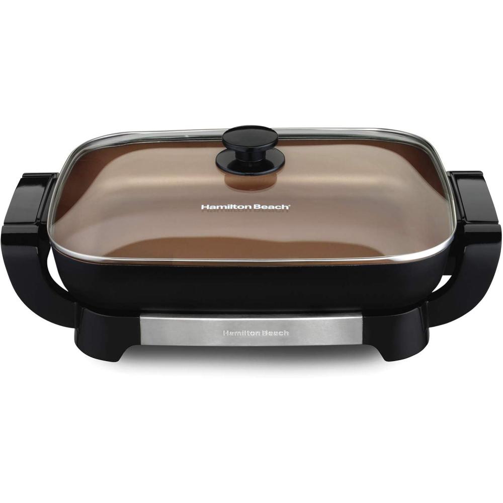 imageHamilton Beach Electric Skillet with PFASFree Durathon Ceramic Coating Removable 12x15 Pan Adjustable Temperature Reversible Design Tempered Glass Lid Black Nonstick Surface 38531Copper Colored Nonstick Surface