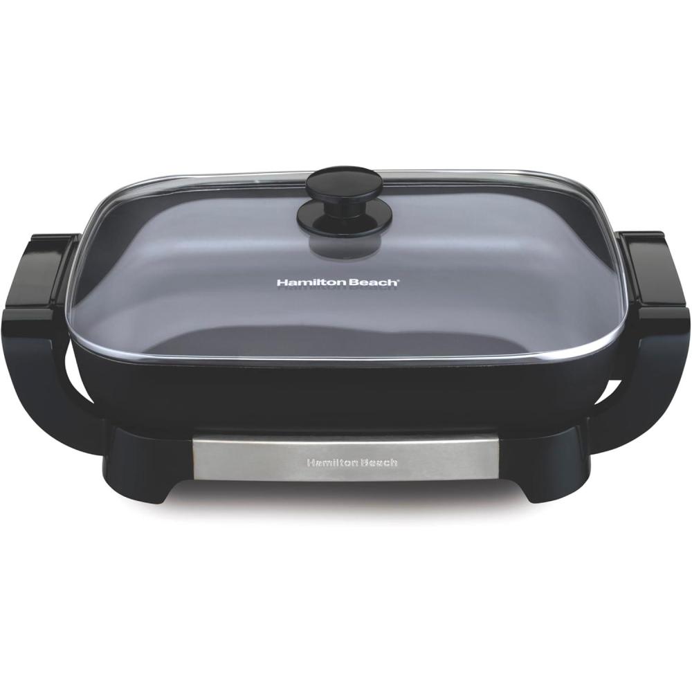 imageHamilton Beach Electric Skillet with PFASFree Durathon Ceramic Coating Removable 12x15 Pan Adjustable Temperature Reversible Design Tempered Glass Lid Black Nonstick Surface 38531Black Nonstick Surface