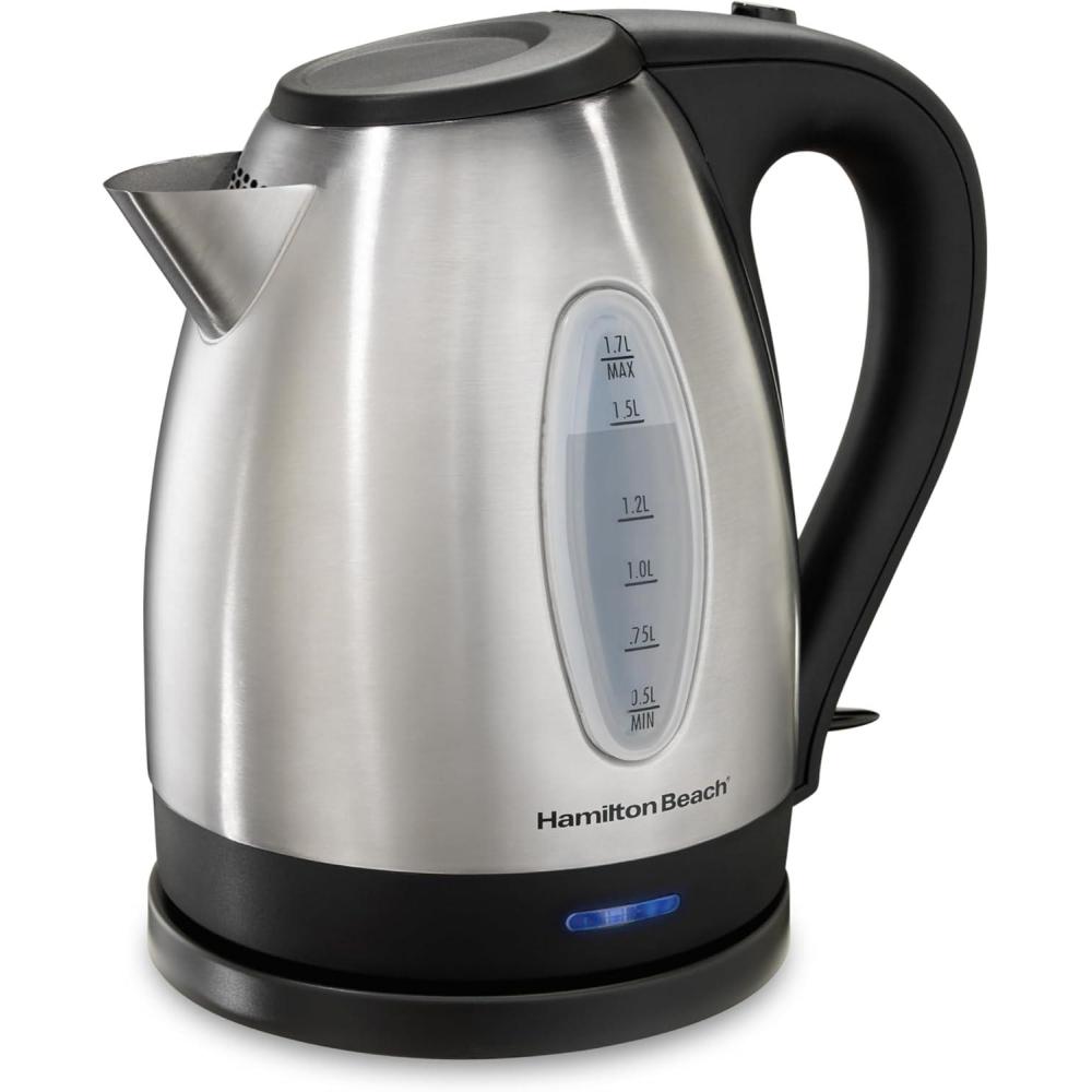 imageHamilton Beach Electric Tea Kettle Water Boiler amp Heater 17 Liter Cordless Serving 1500 Watts for Fast Boiling AutoShutoff and BoilDry Protection Stainless Steel 40880BPA Free Stainless Steel
