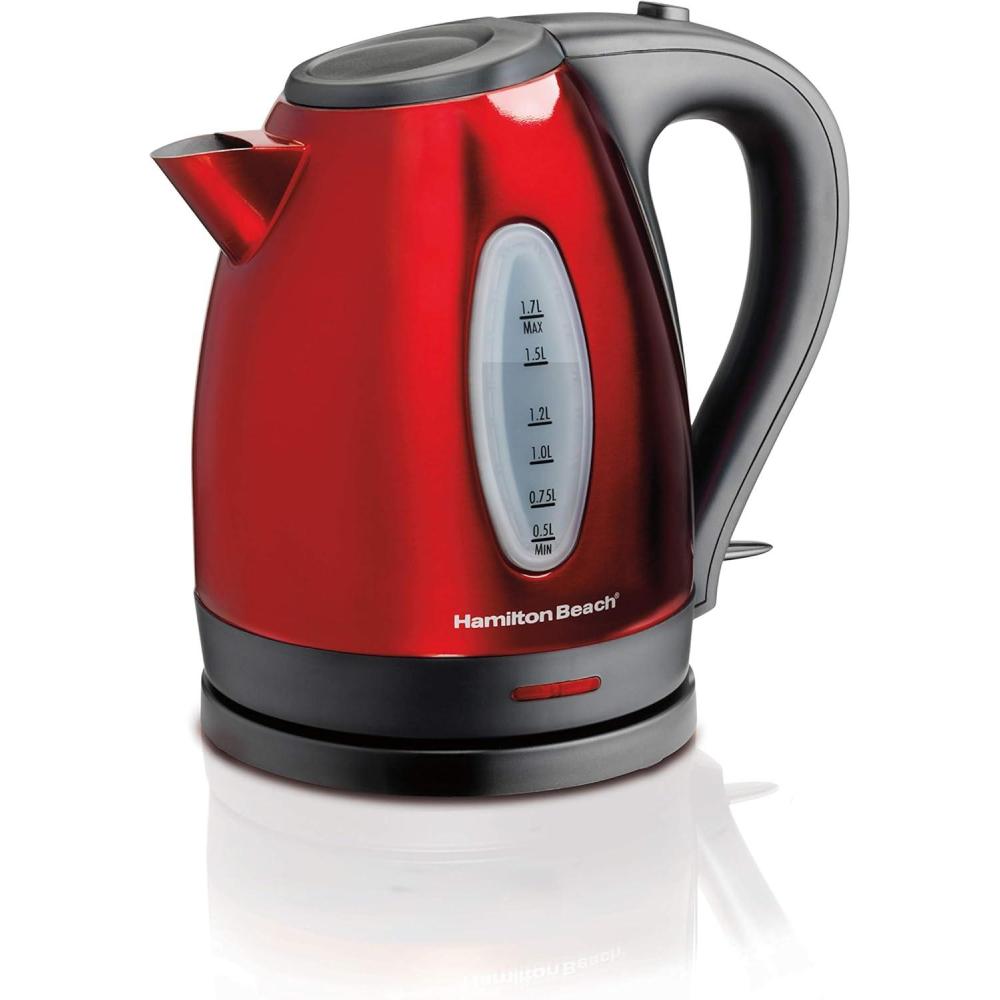 imageHamilton Beach Electric Tea Kettle Water Boiler amp Heater 17 Liter Cordless Serving 1500 Watts for Fast Boiling AutoShutoff and BoilDry Protection Stainless Steel 40880BPAFree Red