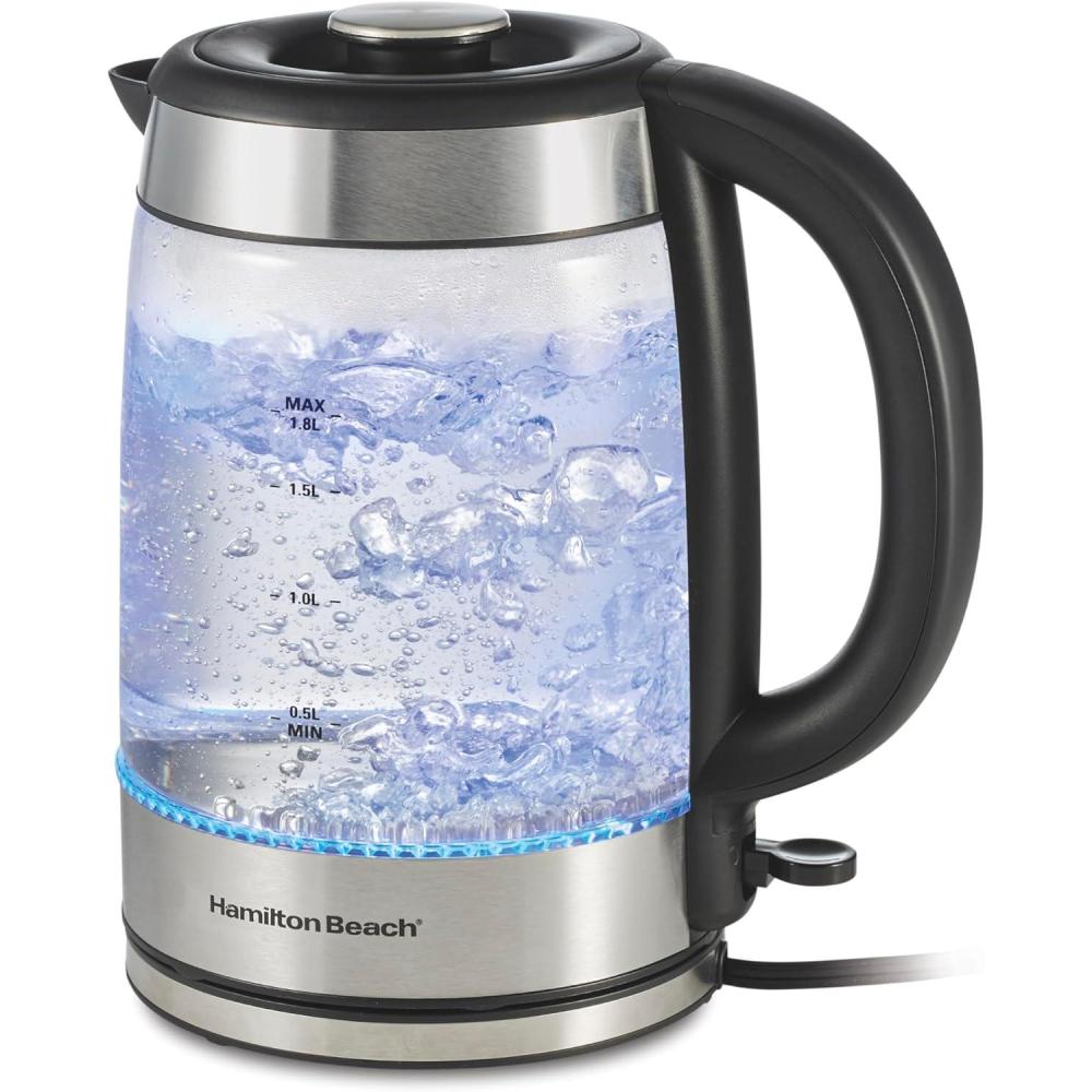 imageHamilton Beach Electric Tea Kettle Water Boiler amp Heater 18 Liter Cordless Serving 1500 Watts for Fast Boiling AutoShutoff and BoilDry Protection EasyView Glass 40853C