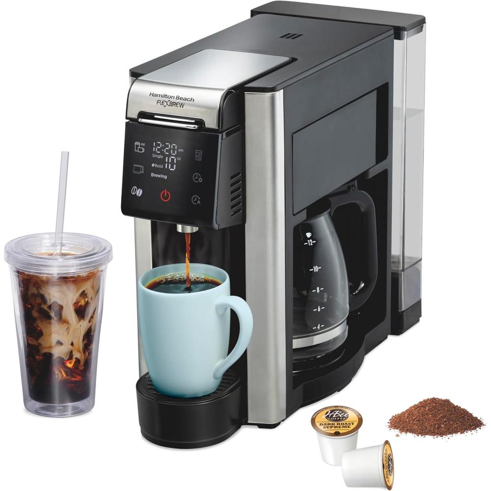 imageHamilton Beach FlexBrew Advanced 5in1 Programmable 12 Cup Drip and Single Serve Hot amp Iced Coffee Maker with Movable 60 oz Water Reservoir Use Pod Packs and Grounds Fast Brewing Black 49924